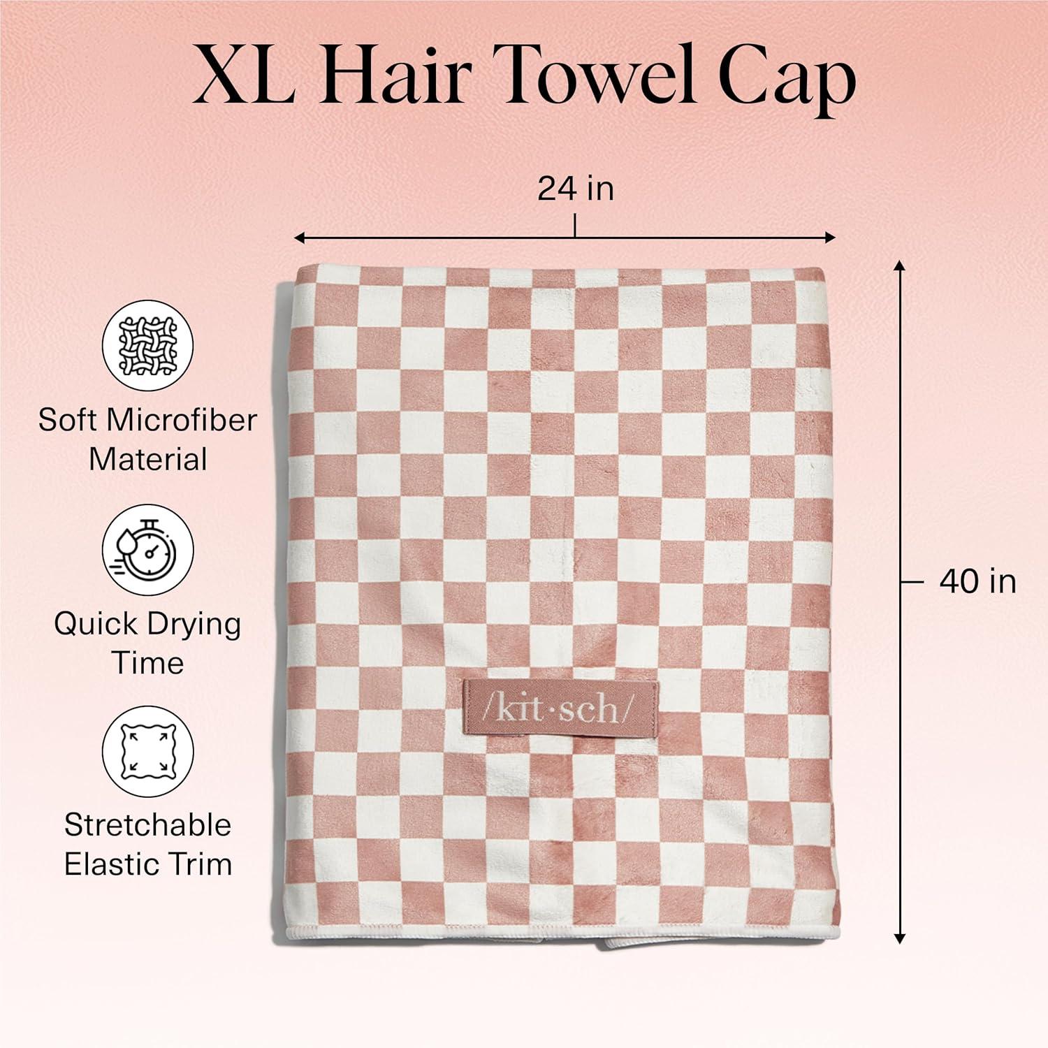 imageKitsch Love ampamp Comfort 2PC Spa Set Satin Lined Reusable Waterproof Shower Cap and XL Quick Dry Hair Towel Wrap for Women Microfiber Towel Flexi Shower Cap For All Hair Types Terracotta Checker