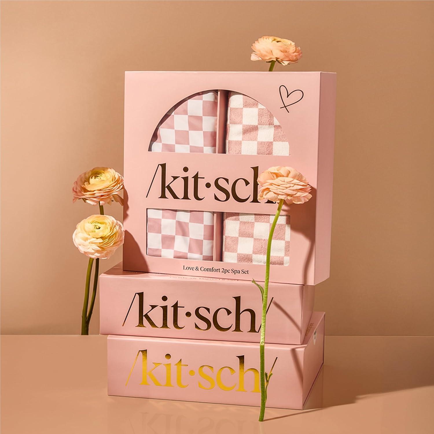 imageKitsch Love ampamp Comfort 2PC Spa Set Satin Lined Reusable Waterproof Shower Cap and XL Quick Dry Hair Towel Wrap for Women Microfiber Towel Flexi Shower Cap For All Hair Types Terracotta Checker