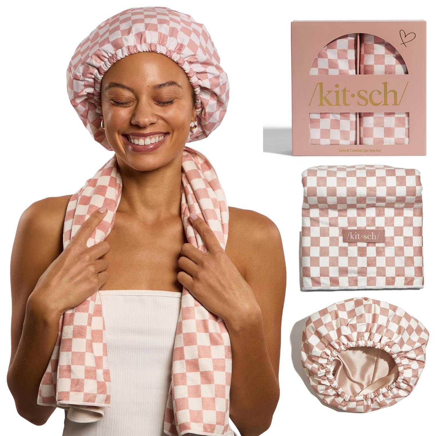 imageKitsch Love ampamp Comfort 2PC Spa Set Satin Lined Reusable Waterproof Shower Cap and XL Quick Dry Hair Towel Wrap for Women Microfiber Towel Flexi Shower Cap For All Hair Types Terracotta Checker
