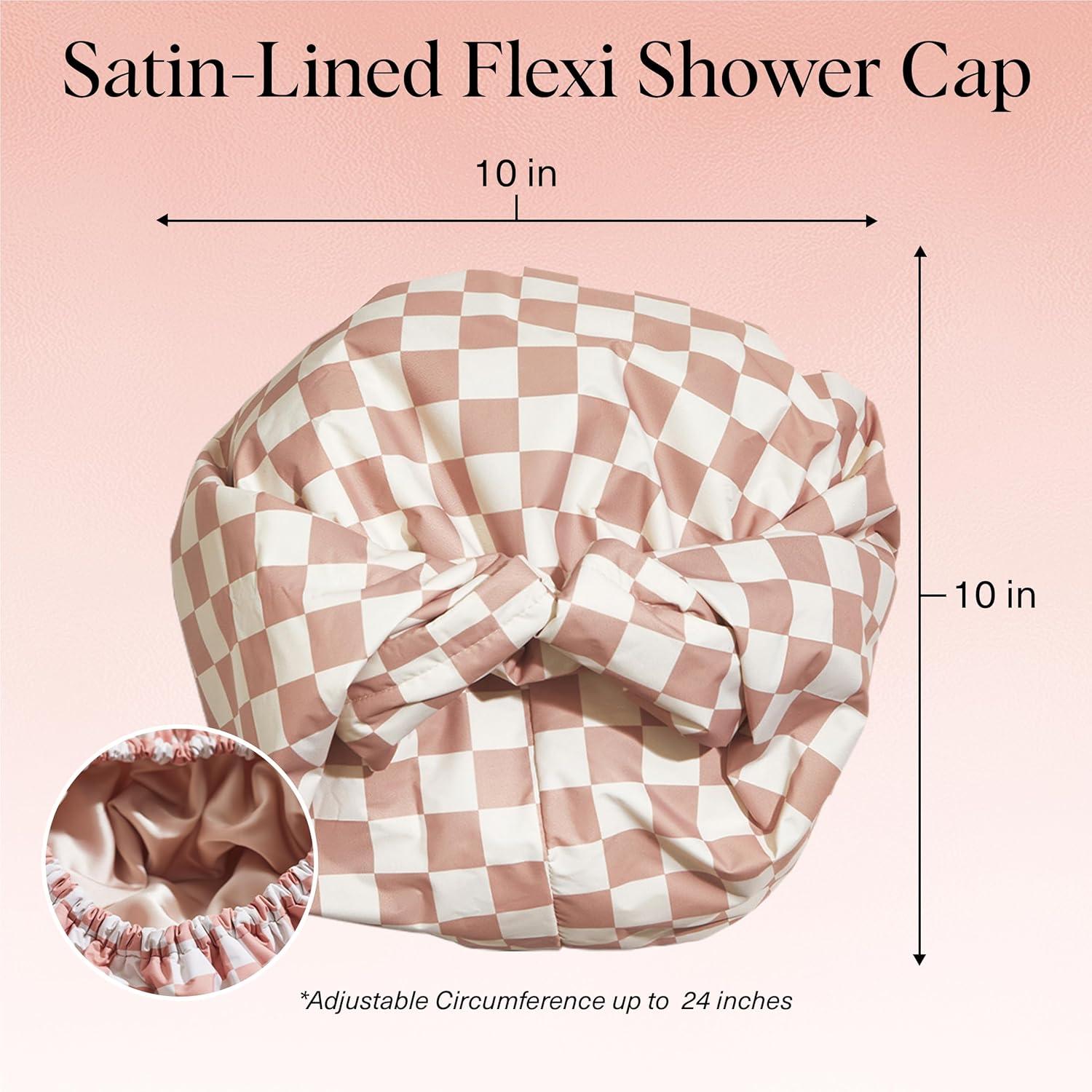 imageKitsch Love ampamp Comfort 2PC Spa Set Satin Lined Reusable Waterproof Shower Cap and XL Quick Dry Hair Towel Wrap for Women Microfiber Towel Flexi Shower Cap For All Hair Types Terracotta Checker