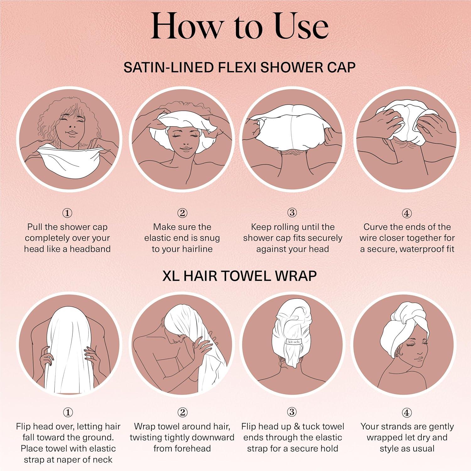 imageKitsch Love ampamp Comfort 2PC Spa Set Satin Lined Reusable Waterproof Shower Cap and XL Quick Dry Hair Towel Wrap for Women Microfiber Towel Flexi Shower Cap For All Hair Types Terracotta Checker