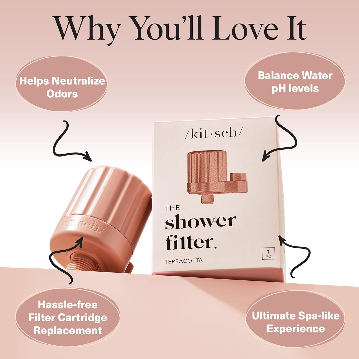 imageKitsch Shower Head Filter for Hard Water Shower Filter with KDF55 ampamp Calcium Sulfite Helps Reduce Chlorine ampamp Impurities Water Softener Bathroom Accessories for Healthier Hair ampamp Skin ChromeTerracotta