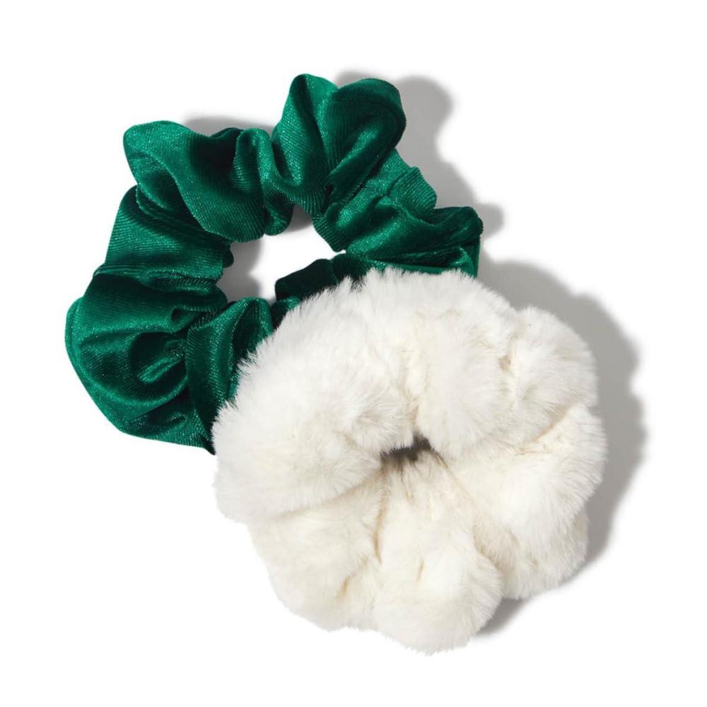 imageElf x Kitsch Scrunchies No Crease Hair Ties for Girls Scrunchies for Women 2pcs Green Velvet ampamp White Faux Fur