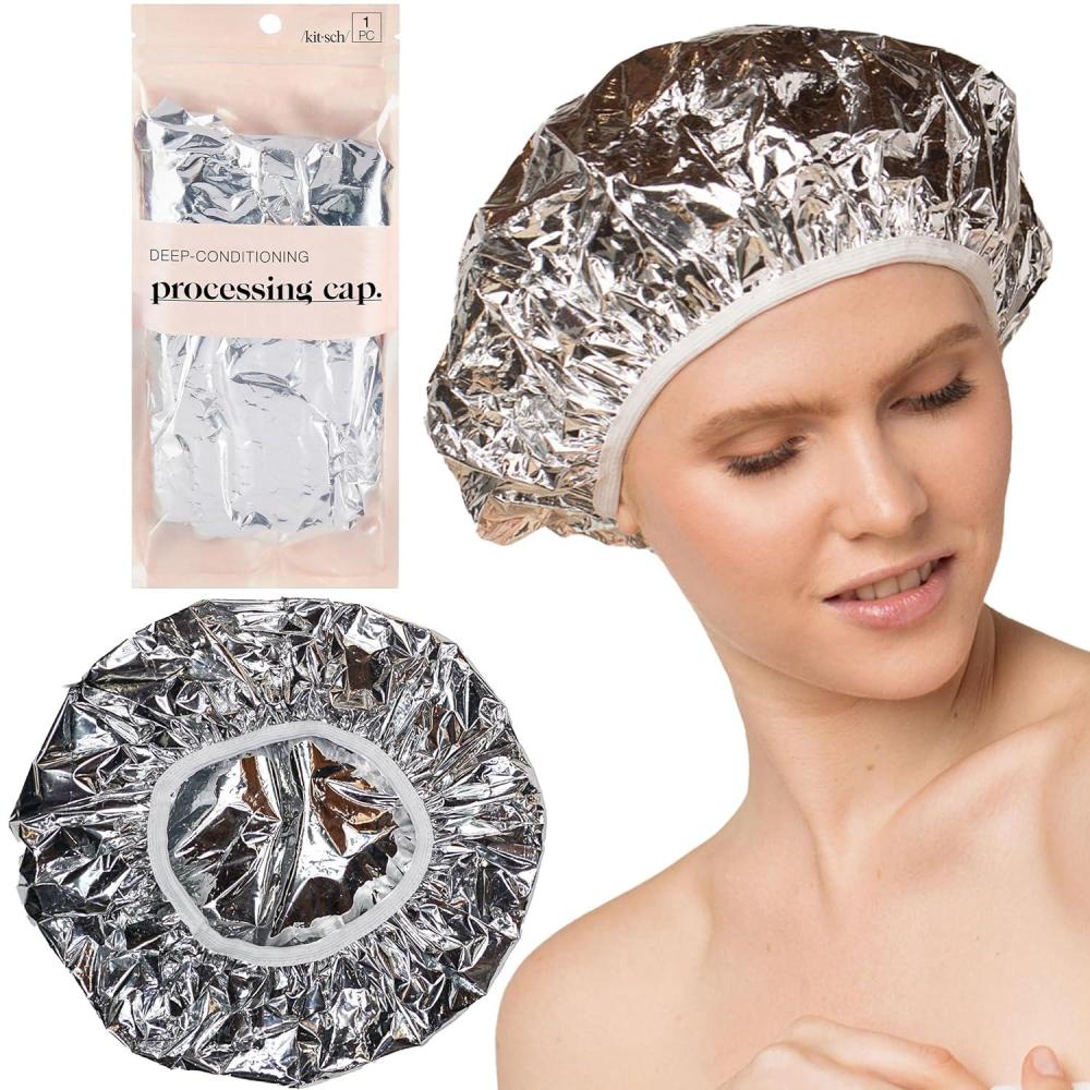 imageKitsch Aluminum Foil Heat Cap for Deep Conditioning Reusable Hair Streamer For Coloring Perm ampamp Treatment Heat Cap with Elastic Band Processing Caps for Hair Shower Caps for Sauna Shower ampamp Spa