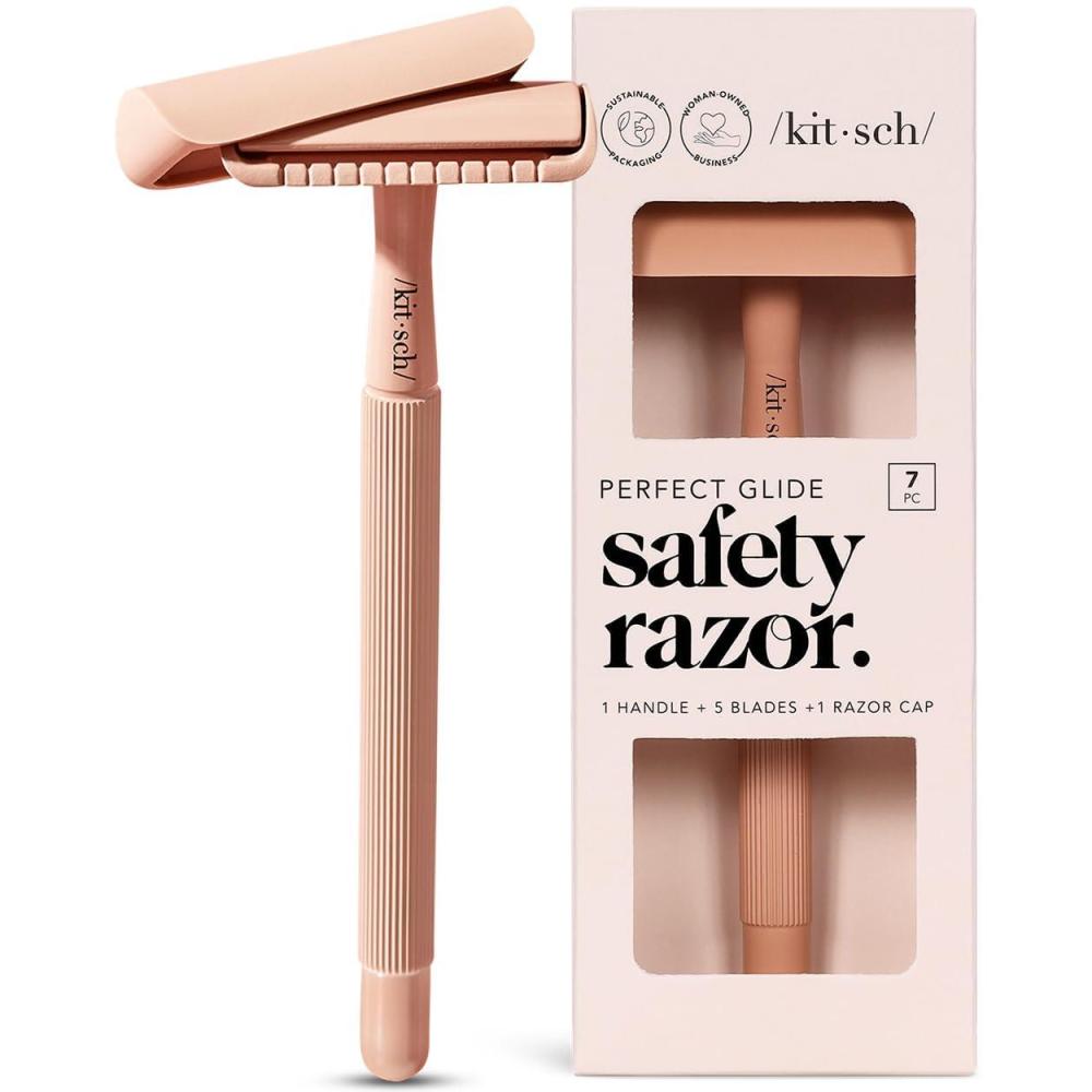 imageKitsch Double Edge Safety Razors for Women and Men Long Metal Handle and Stainless Steel Single Blade Razor with 5 Double Edge Refills for Shaving and Travel Essentials Terracotta