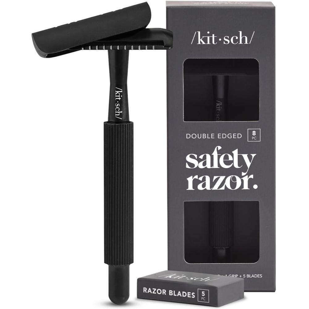 imageKitsch Double Edge Safety Razors for Women and Men with 5 Blade Refills Extra Long Handle ampamp Silicone Cap Reusable Single Blade Razor for Shaving and Travel Essentials BlackBlack Double Edge Safety Razor
