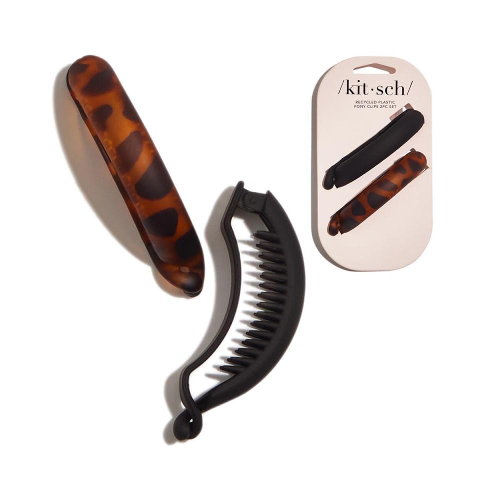 imageKitsch Hair Clips for Women Recycled Plastic Hair Accessories for Low Ponytail Matte Ponytail Clips Creaseless Hair Barrettes Ideal Gifts for Women 2 Pcs Black and Tortoise