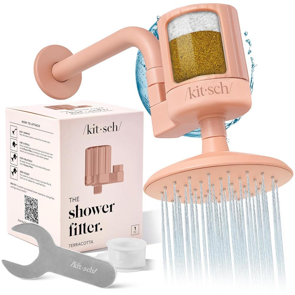 imageKitsch Shower Head Filter for Hard Water Shower Filter with KDF55 ampamp Calcium Sulfite Helps Reduce Chlorine ampamp Impurities Water Softener Bathroom Accessories for Healthier Hair ampamp Skin ChromeTerracotta