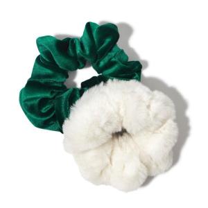 Elf x Kitsch Scrunchies – No Crease Hair Ties for Girls, Scrunchies for Women – 2pcs, Green Velvet & White Faux Fur