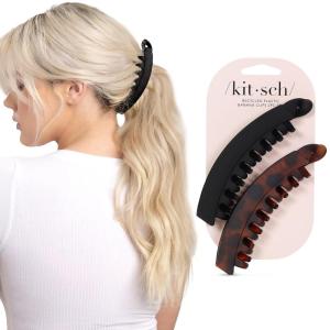 Kitsch Banana Clip – Retro 80’s Style Hair Clips for Women, Secure & Durable No Crease Banana Clips for Styling, Ponytails & Updos | Ideal Gifts for Women – Black & Tort, 2pc Set(Tortoise and Black (2 Pieces  Banana Clip))
