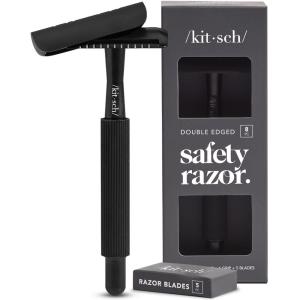 Kitsch Double Edge Safety Razors for Women and Men, with 5 Blade Refills, Extra Long Handle & Silicone Cap, Reusable Single Blade Razor for Shaving and Travel Essentials – Black(Black Double Edge Safety Razor)
