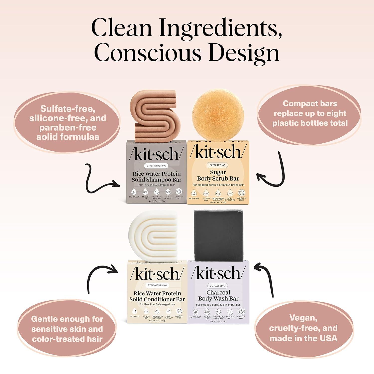 imageKitsch 4pc Set Rice Water Shampoo and Conditioner Set Charcoal Body Wash Bar ampamp Exfoliating Sugar Body Scrub Hair ampamp Body Bar Soap Silicone Paraben and Sulfate Free Solid Bars