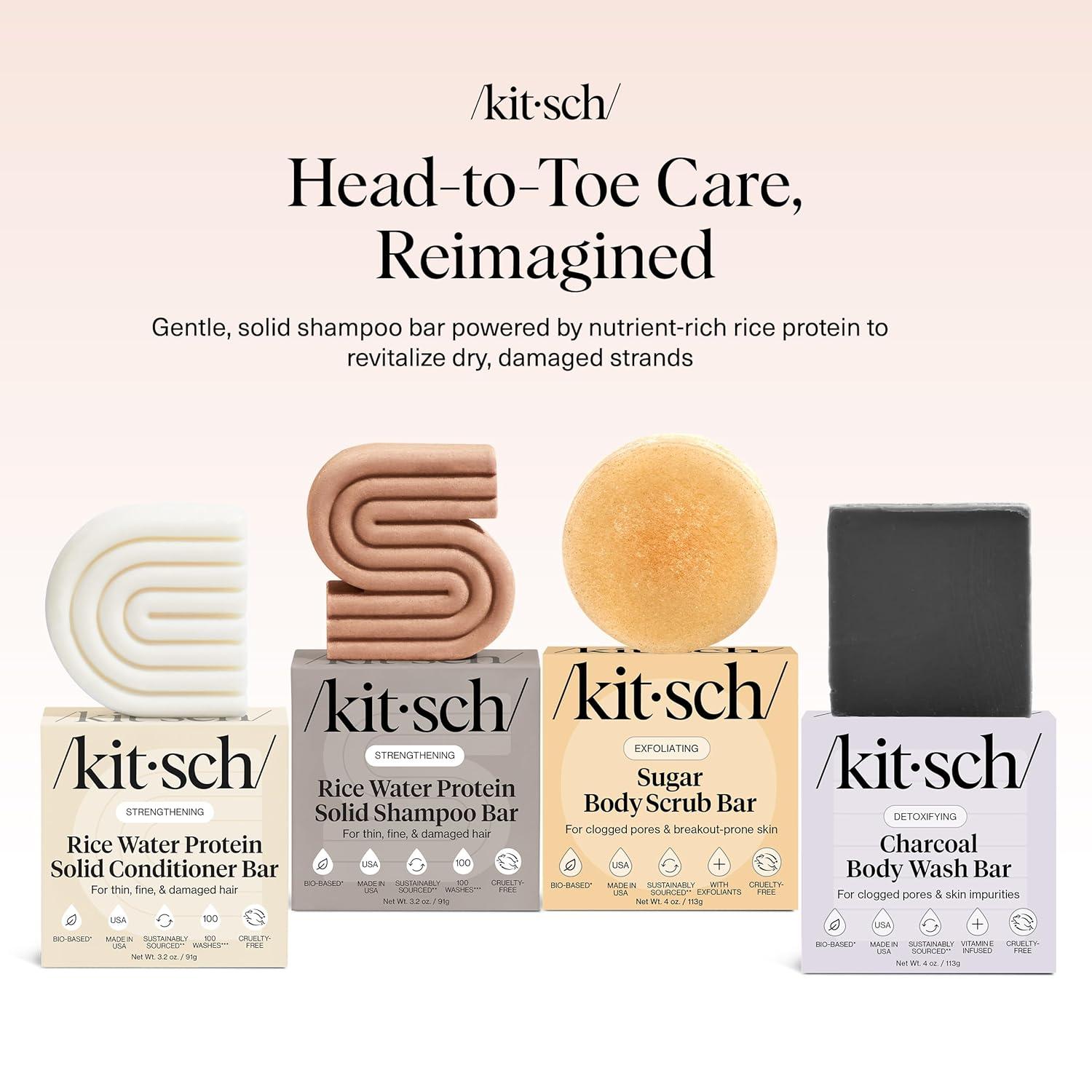 imageKitsch 4pc Set Rice Water Shampoo and Conditioner Set Charcoal Body Wash Bar ampamp Exfoliating Sugar Body Scrub Hair ampamp Body Bar Soap Silicone Paraben and Sulfate Free Solid Bars