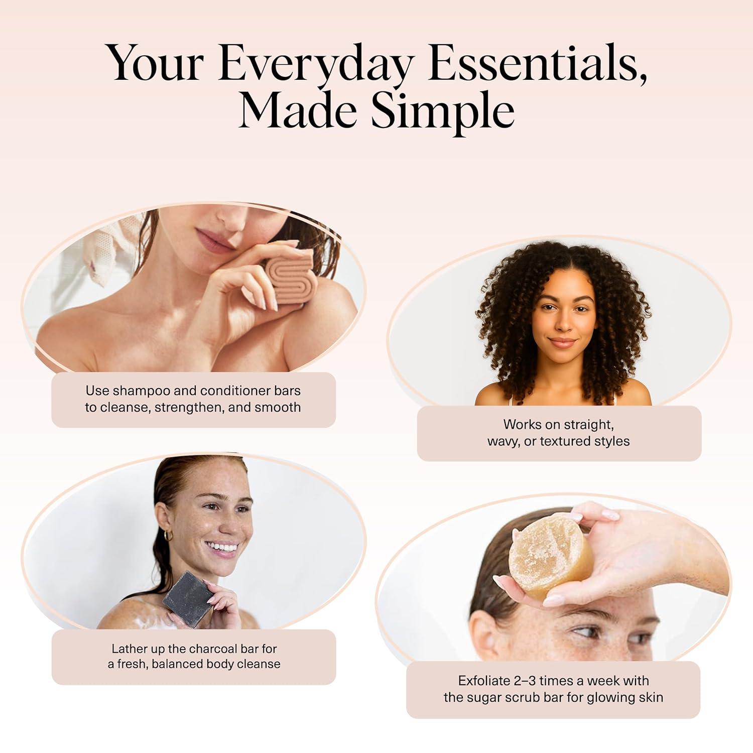 imageKitsch 4pc Set Rice Water Shampoo and Conditioner Set Charcoal Body Wash Bar ampamp Exfoliating Sugar Body Scrub Hair ampamp Body Bar Soap Silicone Paraben and Sulfate Free Solid Bars