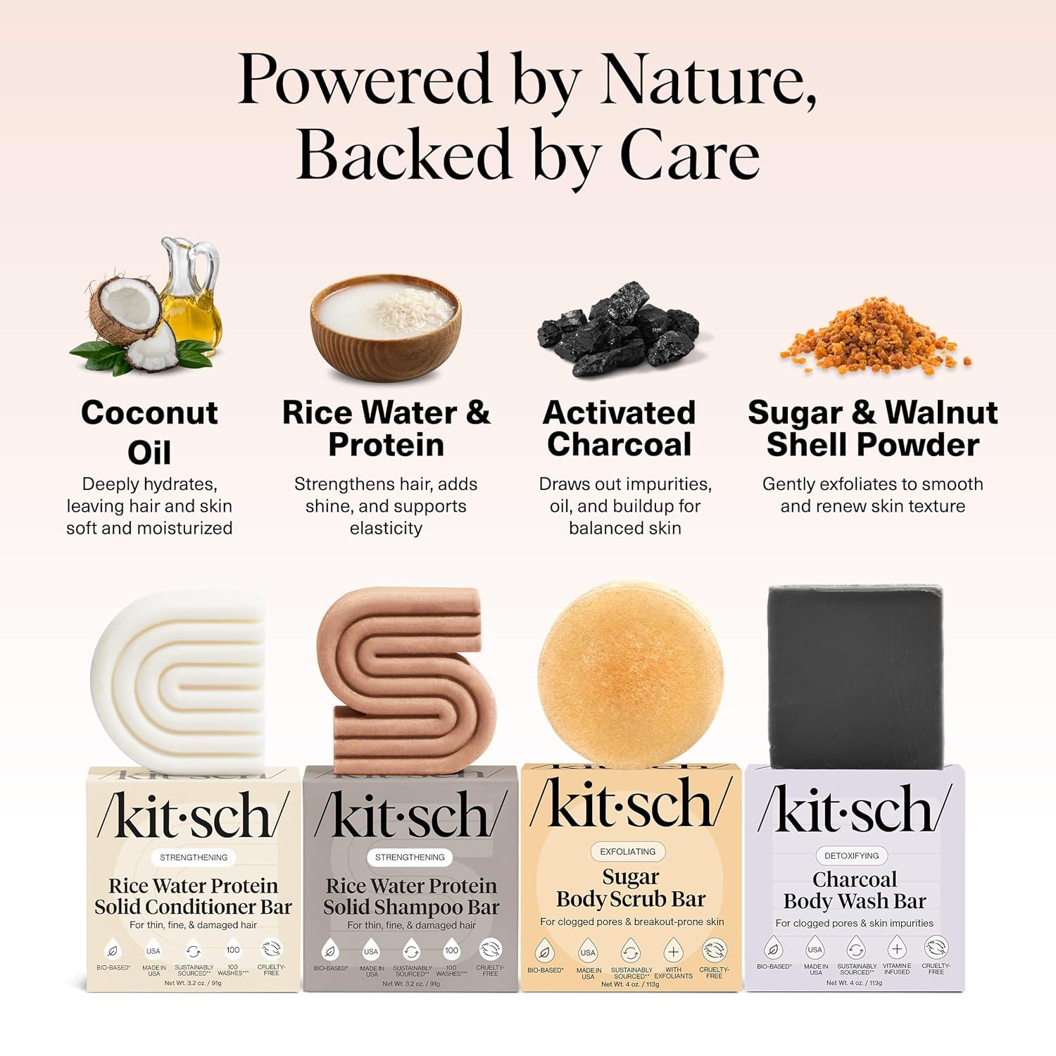 imageKitsch 4pc Set Rice Water Shampoo and Conditioner Set Charcoal Body Wash Bar ampamp Exfoliating Sugar Body Scrub Hair ampamp Body Bar Soap Silicone Paraben and Sulfate Free Solid Bars