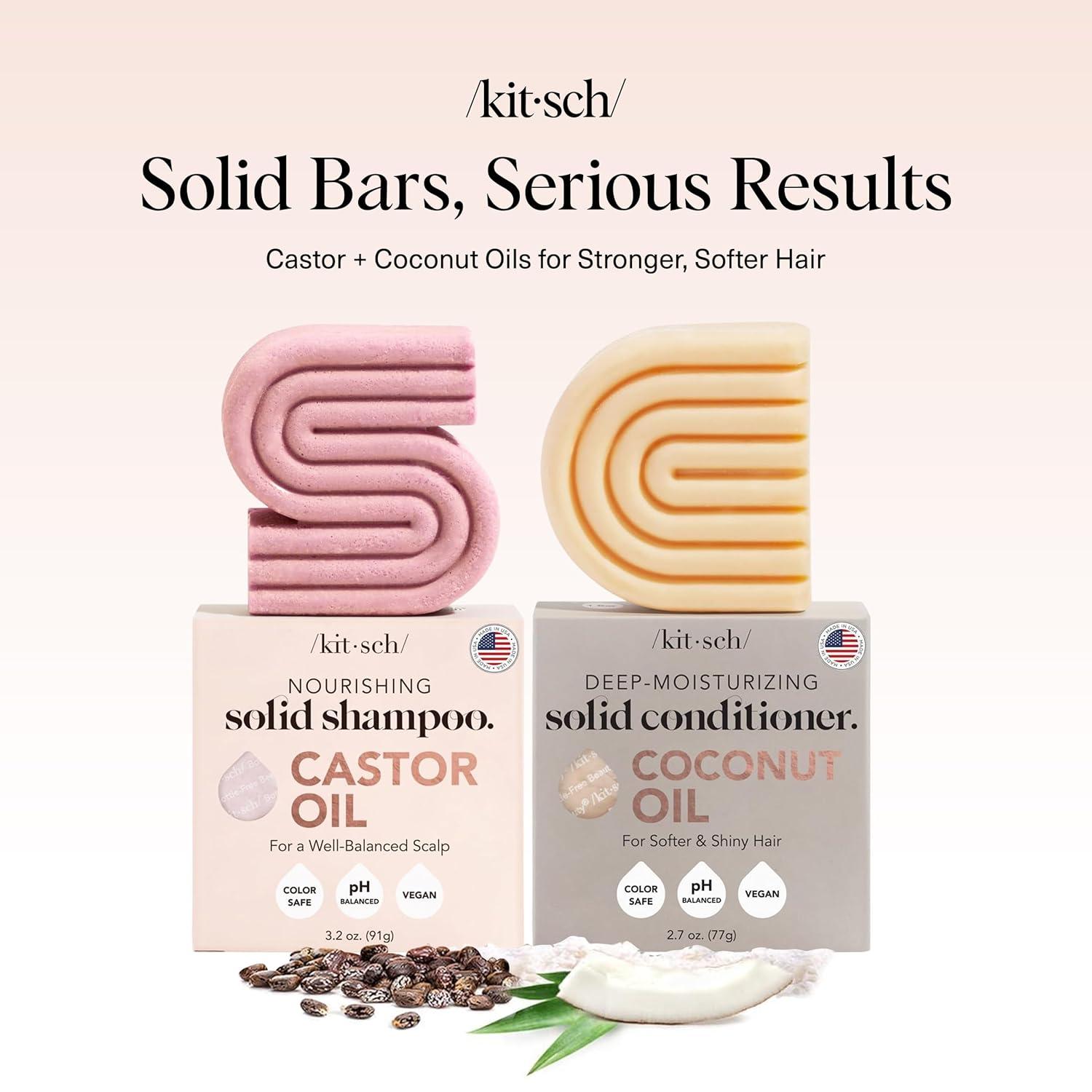 imageKitsch Castor Oil Shampoo Bar ampamp Coconut Oil Conditioner Bar Nourishing Shampoo and Conditioner Set for Dry Damaged Hair Strengthening Hair Care Hydrating ampamp DeepMoisturizing 2pc set