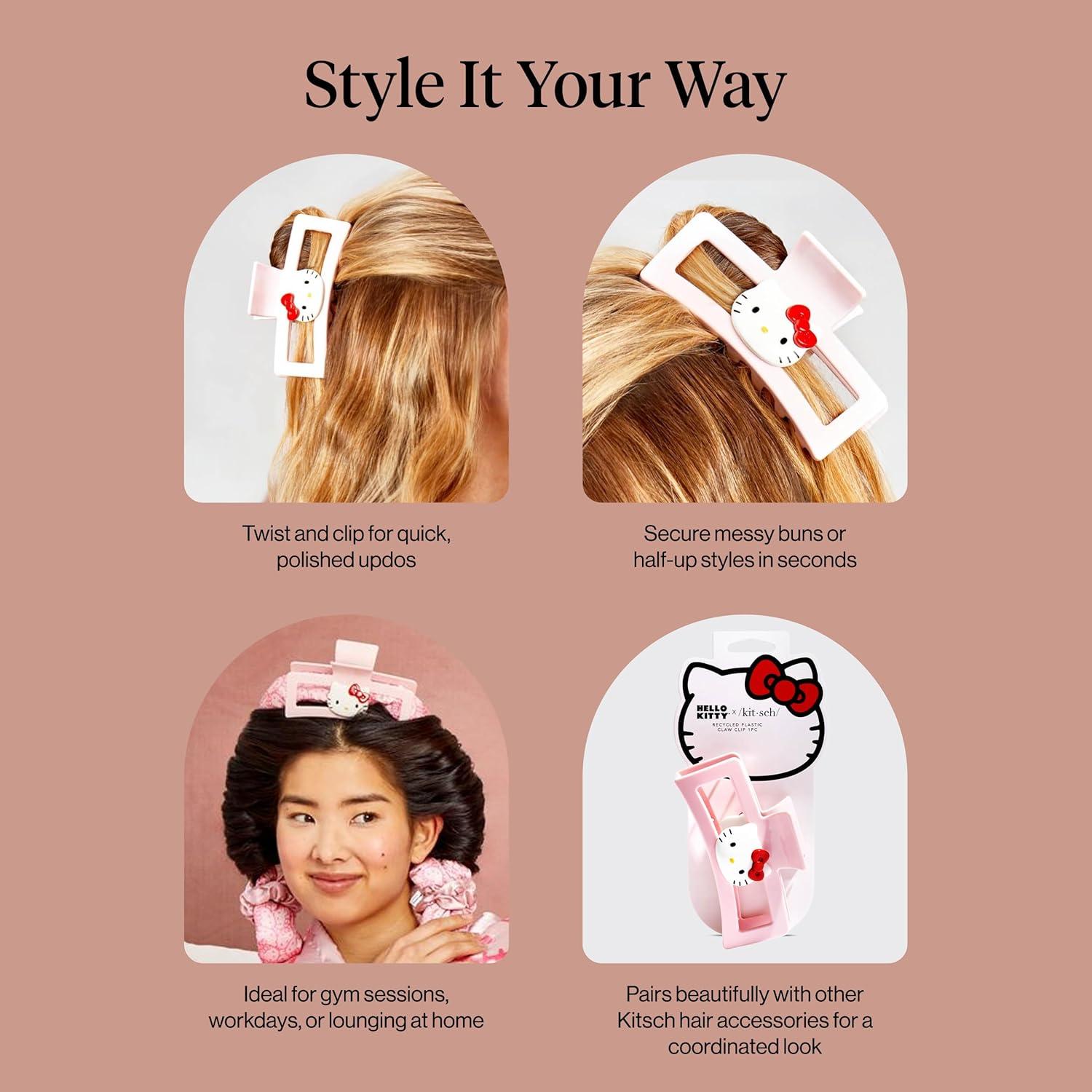 imageKitsch Hello Kitty Recycled Plastic Jumbo Claw Clip Extra Large claw Clips for Thick Hair Big Hair Clips for Thin Hair Ideal Gifts for Women 1 Piece Pink Kitty FacesKitty Face