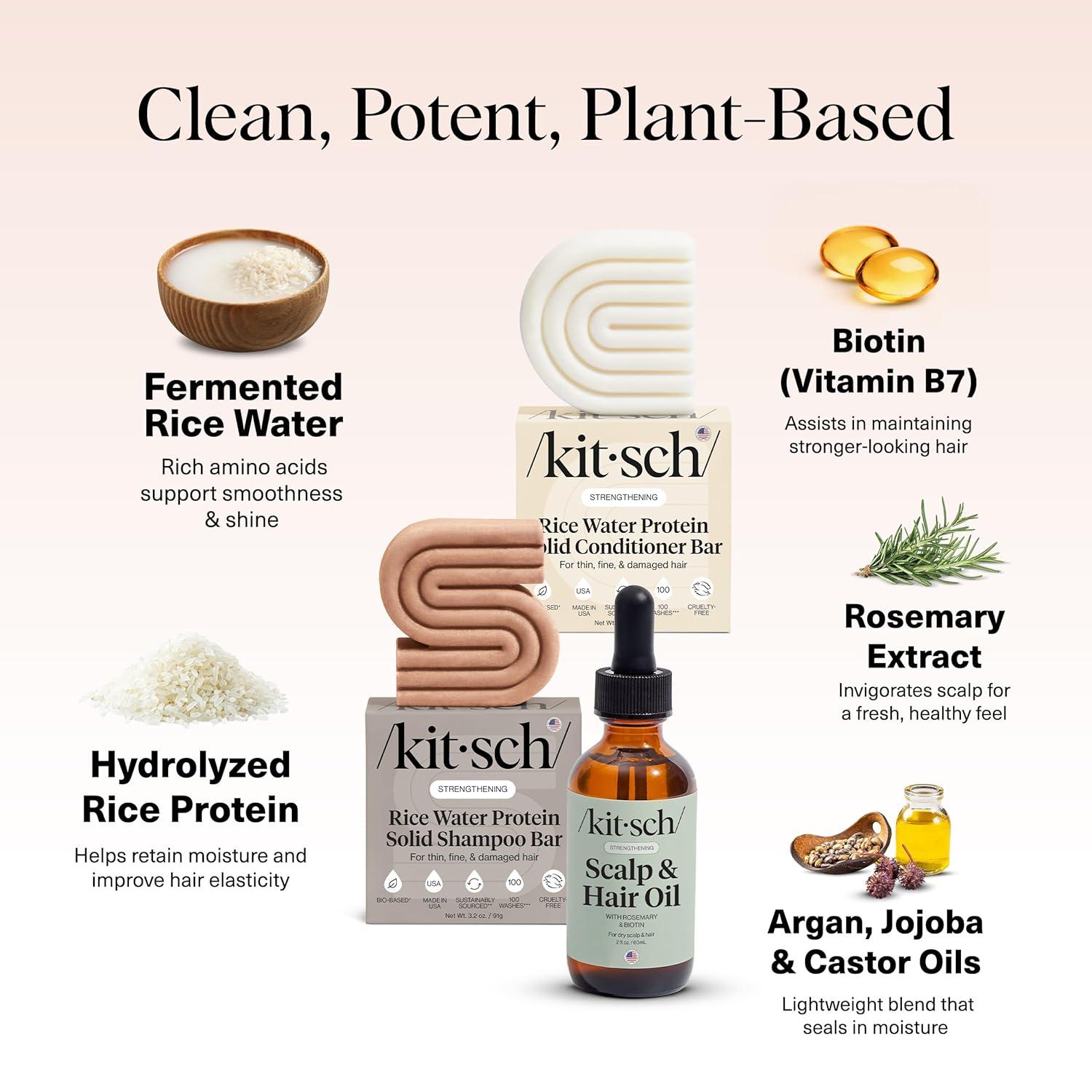 imageKitsch Rice Water Shampoo and Conditioner Set PreWash Scalp Serum with Rosemary and Biotin Shampoo and Conditioner Bar for Hair Growth ampamp Scalp Nourishment Hair Care 3pc Set