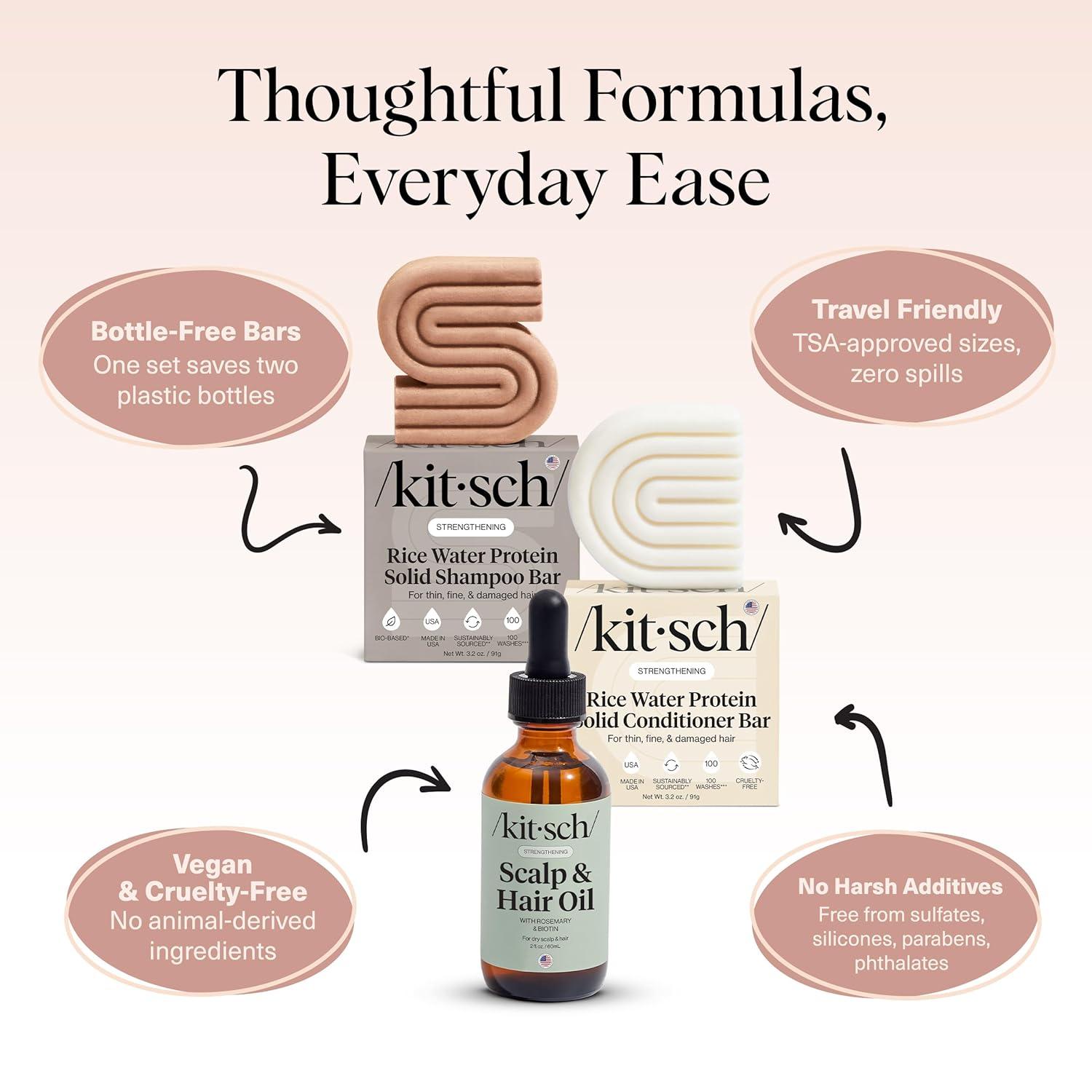 imageKitsch Rice Water Shampoo and Conditioner Set PreWash Scalp Serum with Rosemary and Biotin Shampoo and Conditioner Bar for Hair Growth ampamp Scalp Nourishment Hair Care 3pc Set