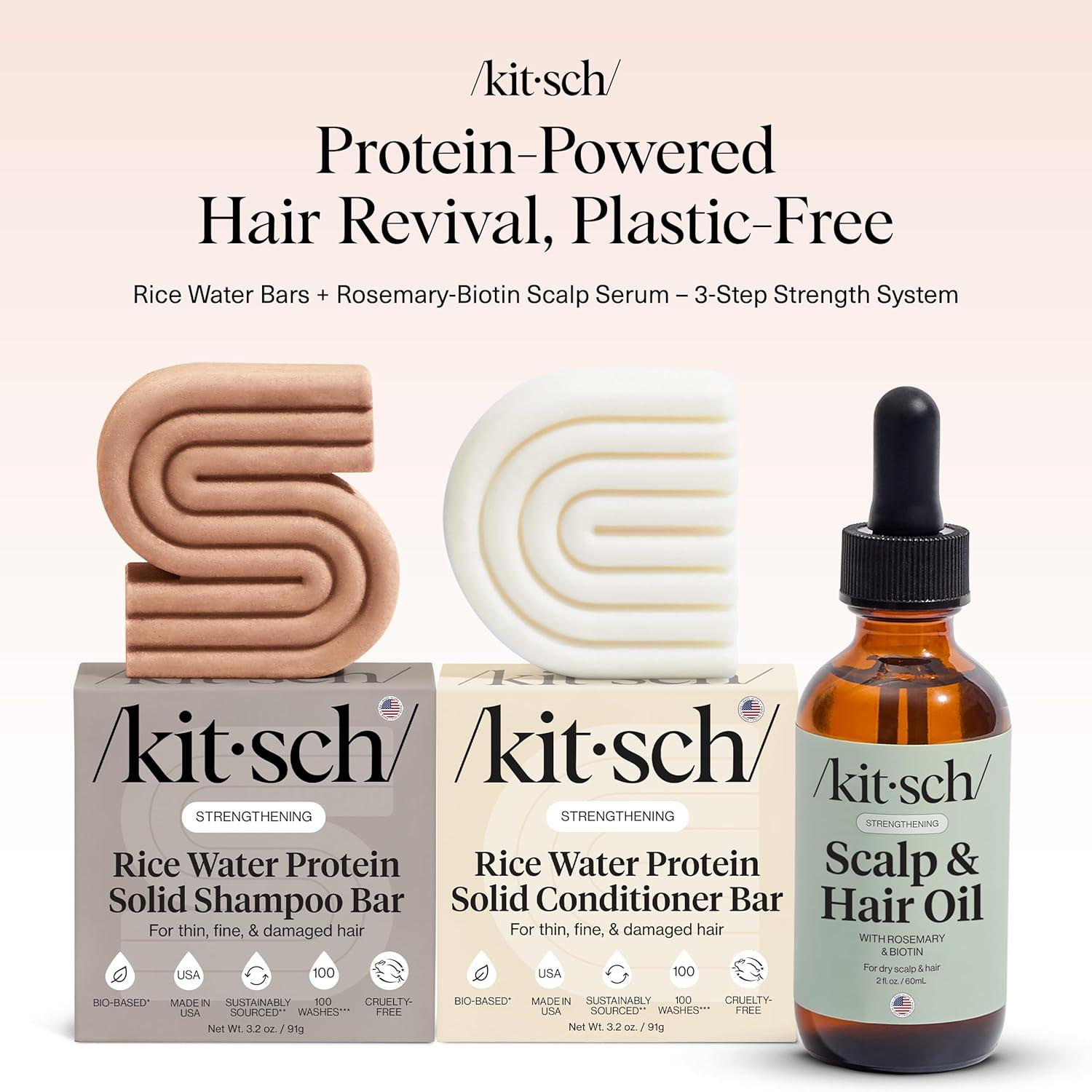 imageKitsch Rice Water Shampoo and Conditioner Set PreWash Scalp Serum with Rosemary and Biotin Shampoo and Conditioner Bar for Hair Growth ampamp Scalp Nourishment Hair Care 3pc Set