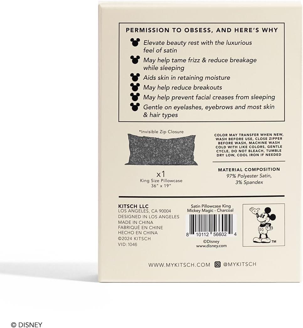 imageKitsch ampamp Disney Mickey Mouse Satin Pillowcase with Zipper Softer Than Silk Cooling Pillow Case for Hair ampamp Skin WrinkleFree Machine Washable King Size 19x36