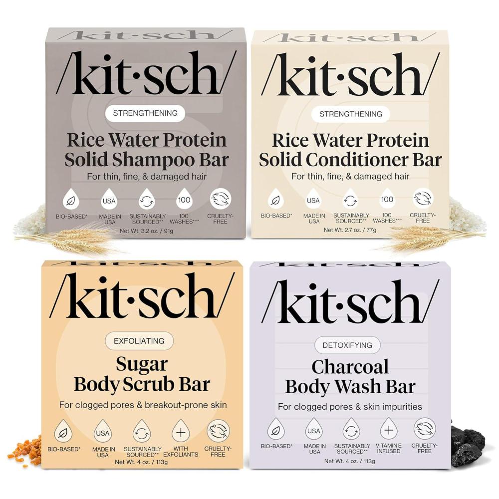 imageKitsch 4pc Set Rice Water Shampoo and Conditioner Set Charcoal Body Wash Bar ampamp Exfoliating Sugar Body Scrub Hair ampamp Body Bar Soap Silicone Paraben and Sulfate Free Solid Bars