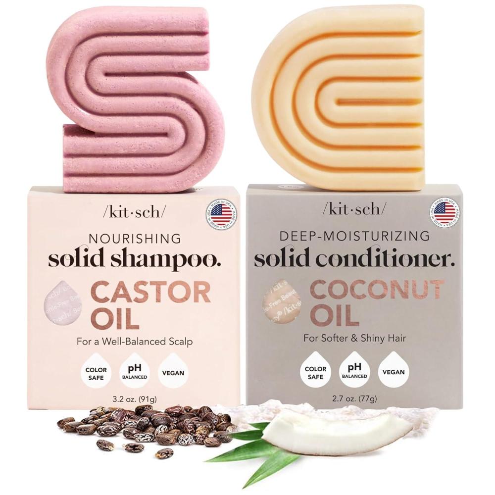 imageKitsch Castor Oil Shampoo Bar ampamp Coconut Oil Conditioner Bar Nourishing Shampoo and Conditioner Set for Dry Damaged Hair Strengthening Hair Care Hydrating ampamp DeepMoisturizing 2pc set