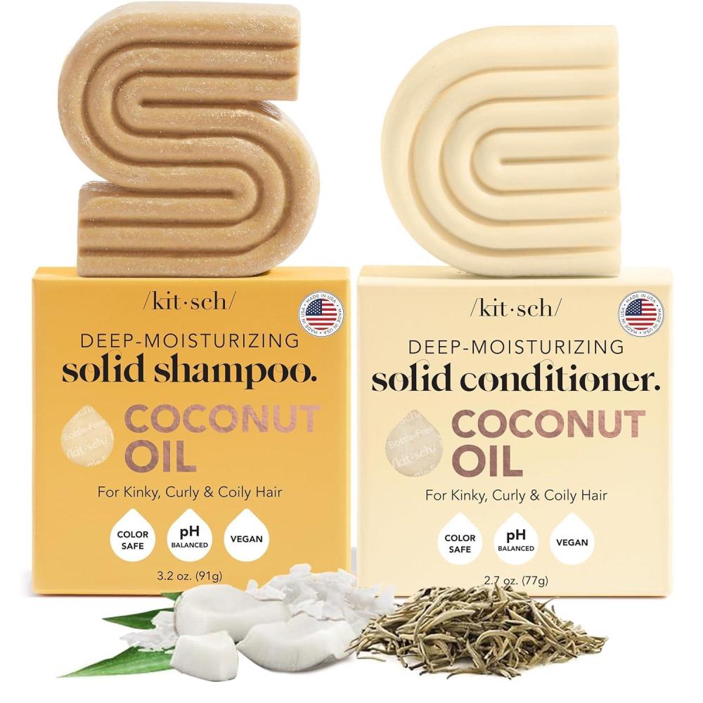 imageKitsch Coconut Oil Shampoo and Conditioner Set Deep Moisturizing Shampoo and Conditioner Bar for Dry Damaged Hair Hydrating Solid Bars for Curly Coily ampamp Color Treated Hair Made in USA