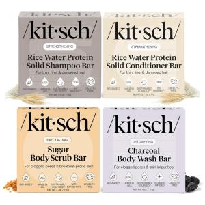 Kitsch 4pc Set – Rice Water Shampoo and Conditioner Set + Charcoal Body Wash Bar & Exfoliating Sugar Body Scrub – Hair & Body Bar Soap – Silicone, Paraben and Sulfate Free Solid Bars