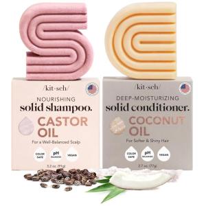 Kitsch Castor Oil Shampoo Bar & Coconut Oil Conditioner Bar – Nourishing Shampoo and Conditioner Set for Dry, Damaged Hair – Strengthening Hair Care, Hydrating & Deep-Moisturizing – 2pc set