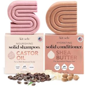 Kitsch Castor Oil Shampoo & Shea Butter Conditioner Bar – Shampoo and Conditioner Set – Hydrating & Moisturizing Bar Soap – Free of Paraben, Silicone, Sulfate – Made in USA – 2pc Set