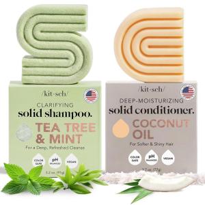 Kitsch Tea Tree Shampoo & Coconut Oil Conditioner Bar – Shampoo and Conditioner Set – Clarifying Bar Soap for Greasy Hair & Deep Moisturizing – Paraben, Silicone & Sulfate Free – Made in USA – 2 Pack