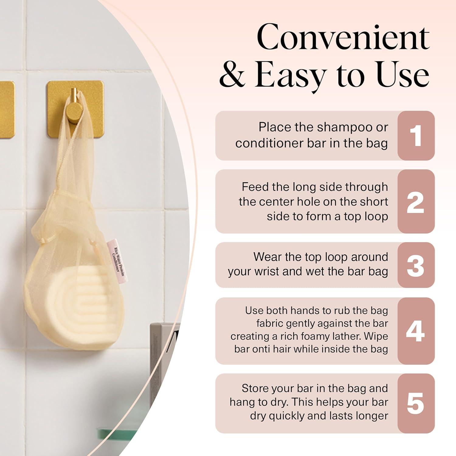 imageKitsch Bar Soap Saver Bag Patented Mesh Bag Soap Holder for Castor Oil Shampoo Bar with Tag Identifier Extends Use ampamp Prevents Soggy Mess Recycled Mesh Beauty Pouch EcoFriendlyRice Water Protein Conditioner Bar Bag