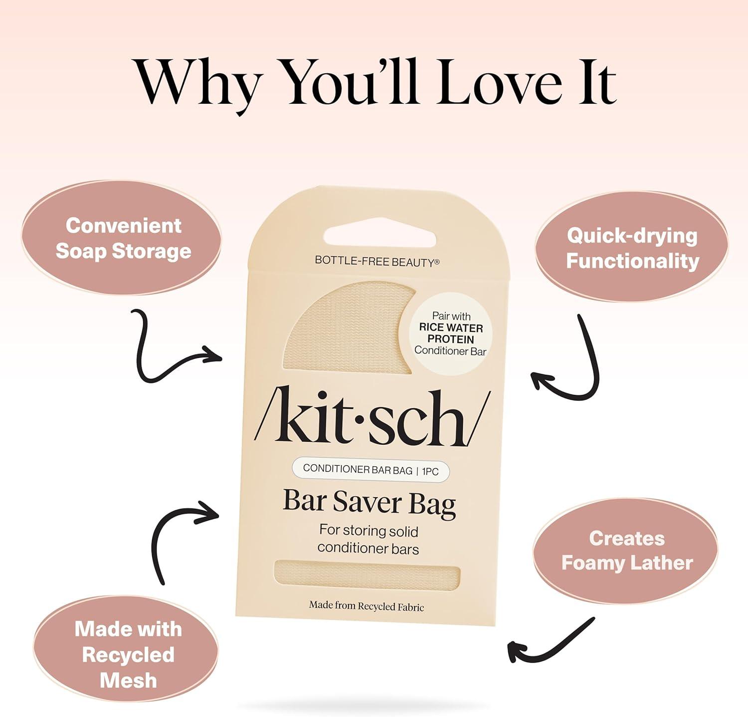 imageKitsch Bar Soap Saver Bag Patented Mesh Bag Soap Holder for Castor Oil Shampoo Bar with Tag Identifier Extends Use ampamp Prevents Soggy Mess Recycled Mesh Beauty Pouch EcoFriendlyRice Water Protein Conditioner Bar Bag