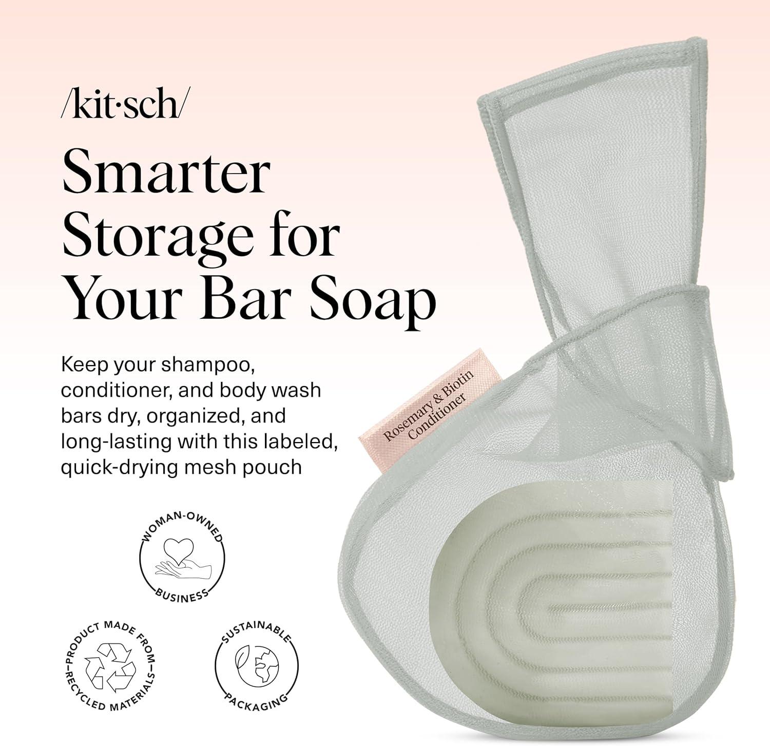 imageKitsch Bar Soap Saver Bag Patented Mesh Bag Soap Holder for Castor Oil Shampoo Bar with Tag Identifier Extends Use ampamp Prevents Soggy Mess Recycled Mesh Beauty Pouch EcoFriendlyRosemary Biotin Conditioner Bar Bag