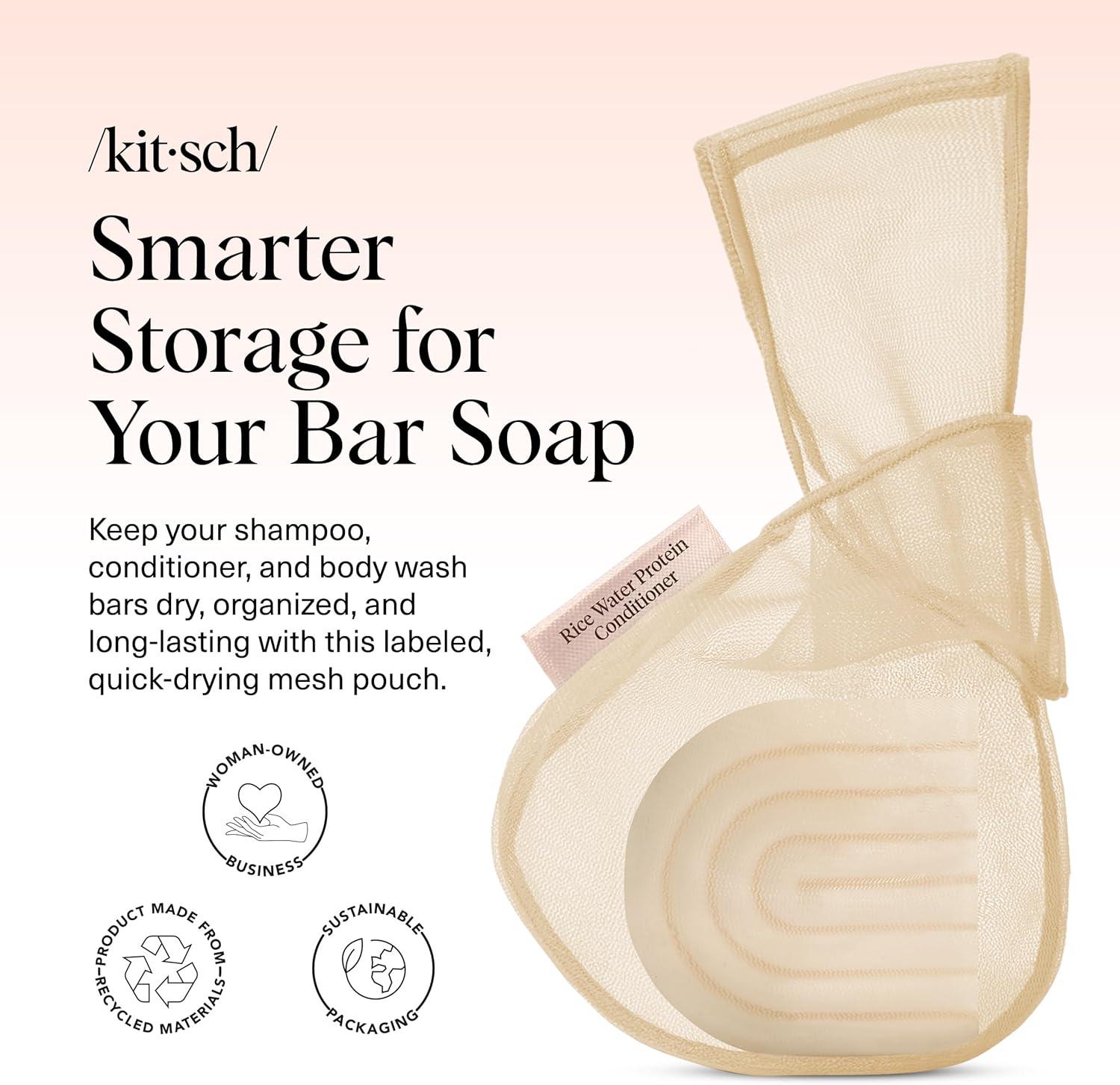 imageKitsch Bar Soap Saver Bag Patented Mesh Bag Soap Holder for Castor Oil Shampoo Bar with Tag Identifier Extends Use ampamp Prevents Soggy Mess Recycled Mesh Beauty Pouch EcoFriendlyRice Water Protein Conditioner Bar Bag