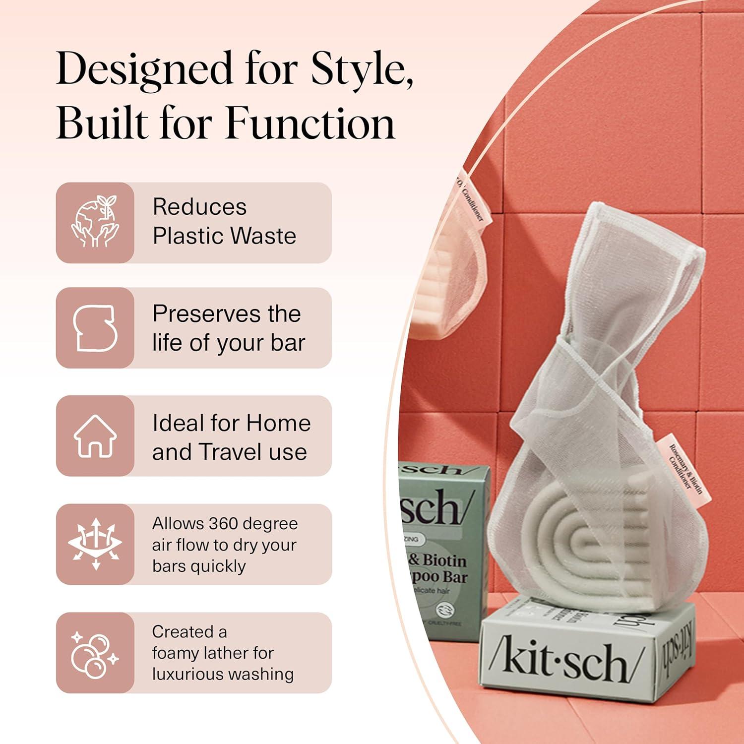 imageKitsch Bar Soap Saver Bag Patented Mesh Bag Soap Holder for Castor Oil Shampoo Bar with Tag Identifier Extends Use ampamp Prevents Soggy Mess Recycled Mesh Beauty Pouch EcoFriendlyRosemary Biotin Conditioner Bar Bag