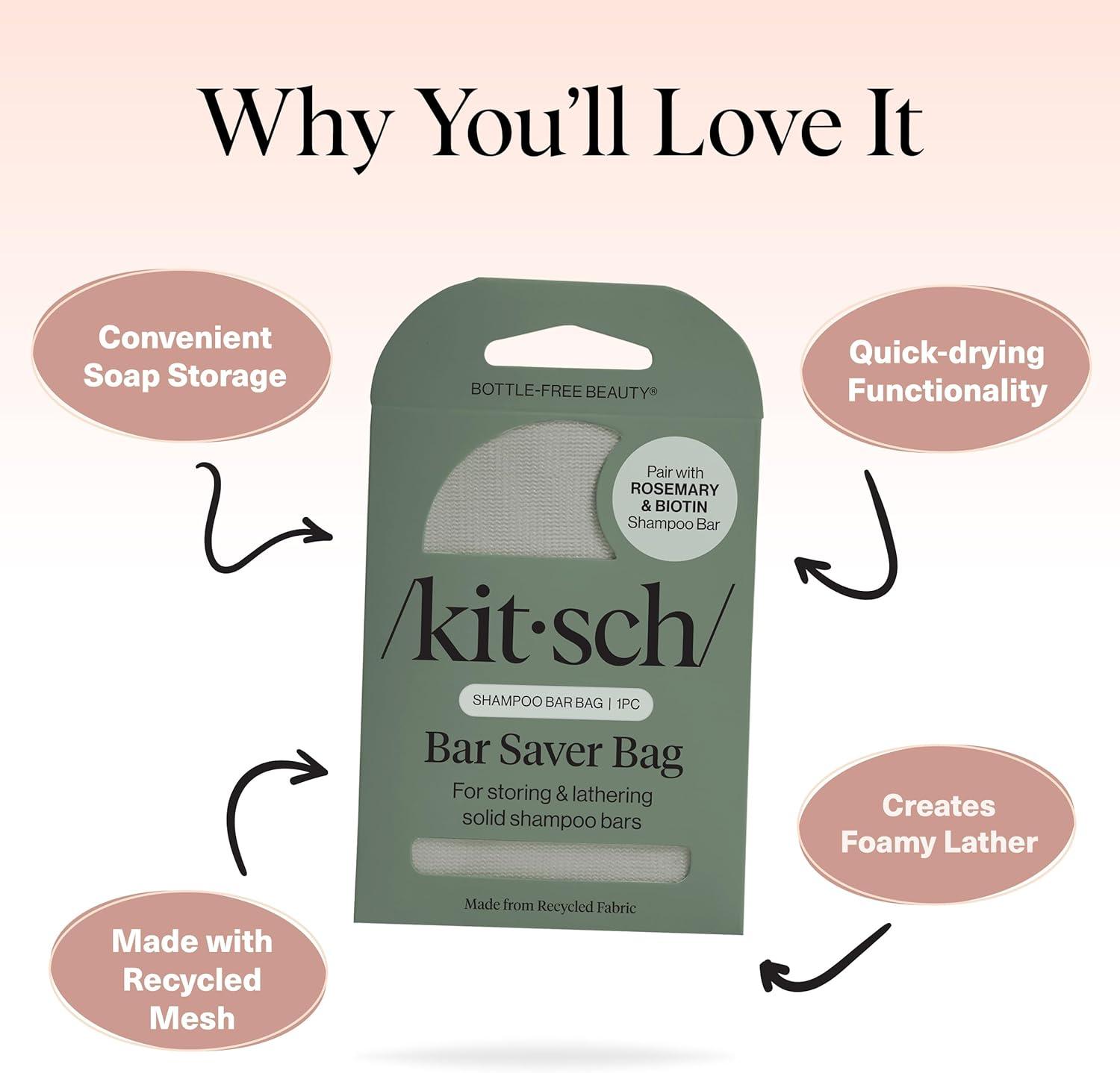 imageKitsch Bar Soap Saver Bag Patented Mesh Bag Soap Holder for Castor Oil Shampoo Bar with Tag Identifier Extends Use ampamp Prevents Soggy Mess Recycled Mesh Beauty Pouch EcoFriendlyRosemary Biotin Shampoo Bar Bag