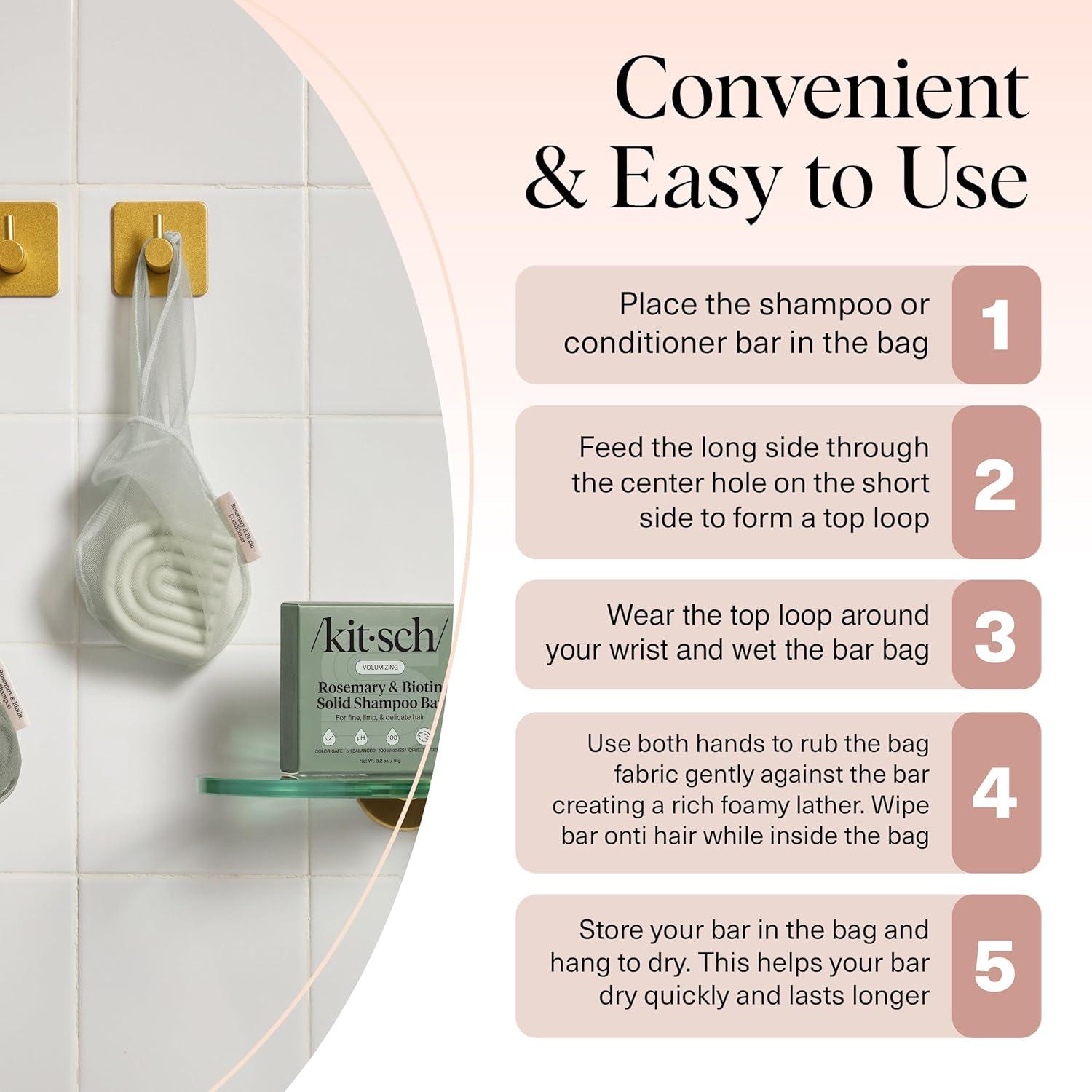 imageKitsch Bar Soap Saver Bag Patented Mesh Bag Soap Holder for Castor Oil Shampoo Bar with Tag Identifier Extends Use ampamp Prevents Soggy Mess Recycled Mesh Beauty Pouch EcoFriendlyRosemary Biotin Conditioner Bar Bag