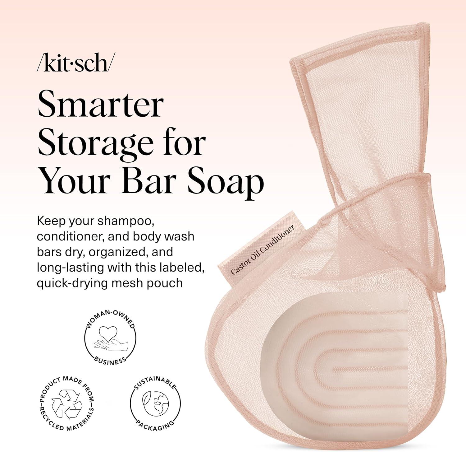 imageKitsch Bar Soap Saver Bag Patented Mesh Bag Soap Holder for Castor Oil Shampoo Bar with Tag Identifier Extends Use ampamp Prevents Soggy Mess Recycled Mesh Beauty Pouch EcoFriendlyCastor Oil Conditioner Bar Bag