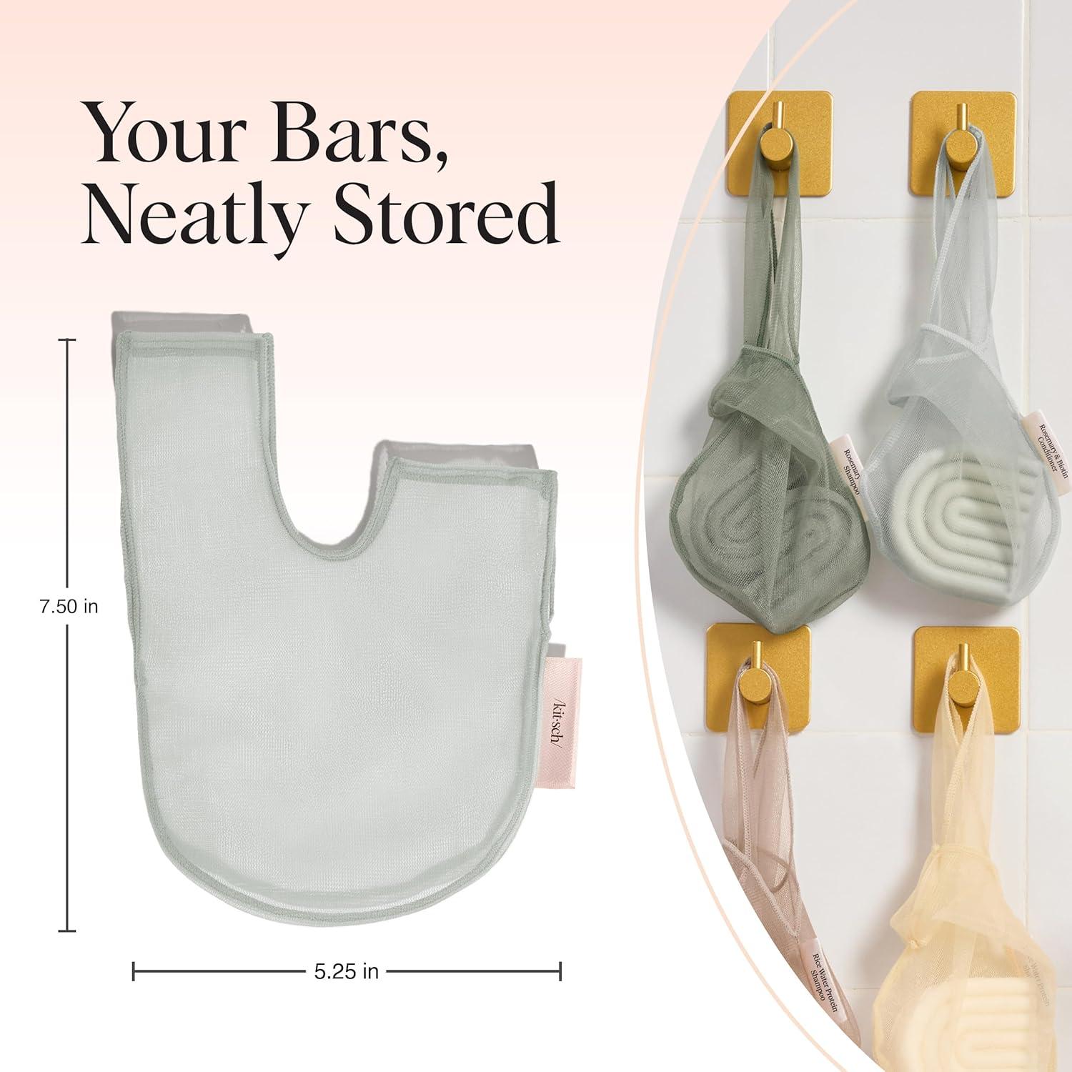 imageKitsch Bar Soap Saver Bag Patented Mesh Bag Soap Holder for Castor Oil Shampoo Bar with Tag Identifier Extends Use ampamp Prevents Soggy Mess Recycled Mesh Beauty Pouch EcoFriendlyRosemary Biotin Conditioner Bar Bag