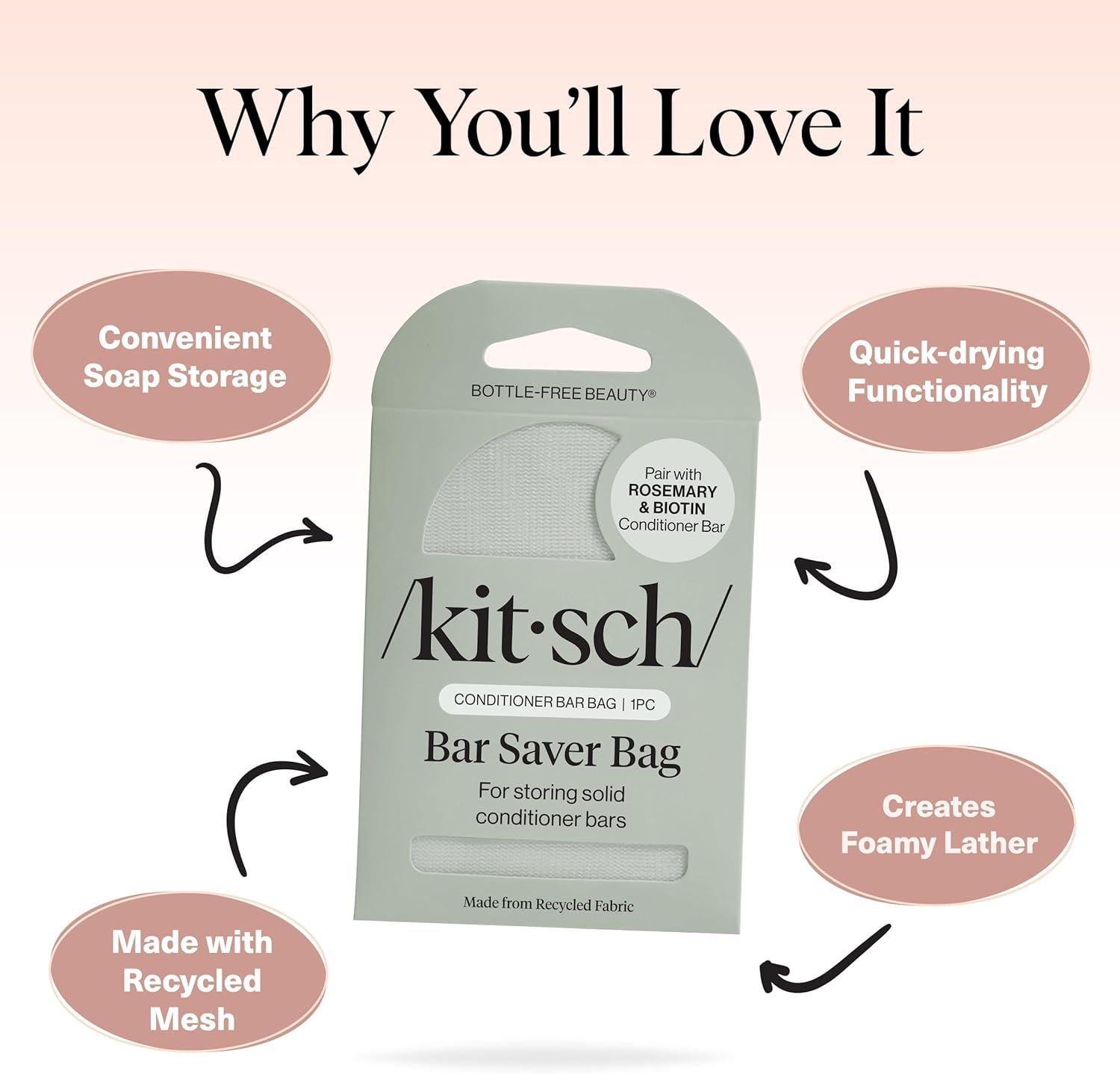 imageKitsch Bar Soap Saver Bag Patented Mesh Bag Soap Holder for Castor Oil Shampoo Bar with Tag Identifier Extends Use ampamp Prevents Soggy Mess Recycled Mesh Beauty Pouch EcoFriendlyRosemary Biotin Conditioner Bar Bag