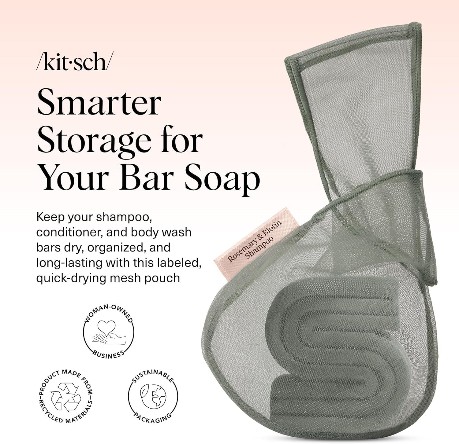 imageKitsch Bar Soap Saver Bag Patented Mesh Bag Soap Holder for Castor Oil Shampoo Bar with Tag Identifier Extends Use ampamp Prevents Soggy Mess Recycled Mesh Beauty Pouch EcoFriendlyRosemary Biotin Shampoo Bar Bag