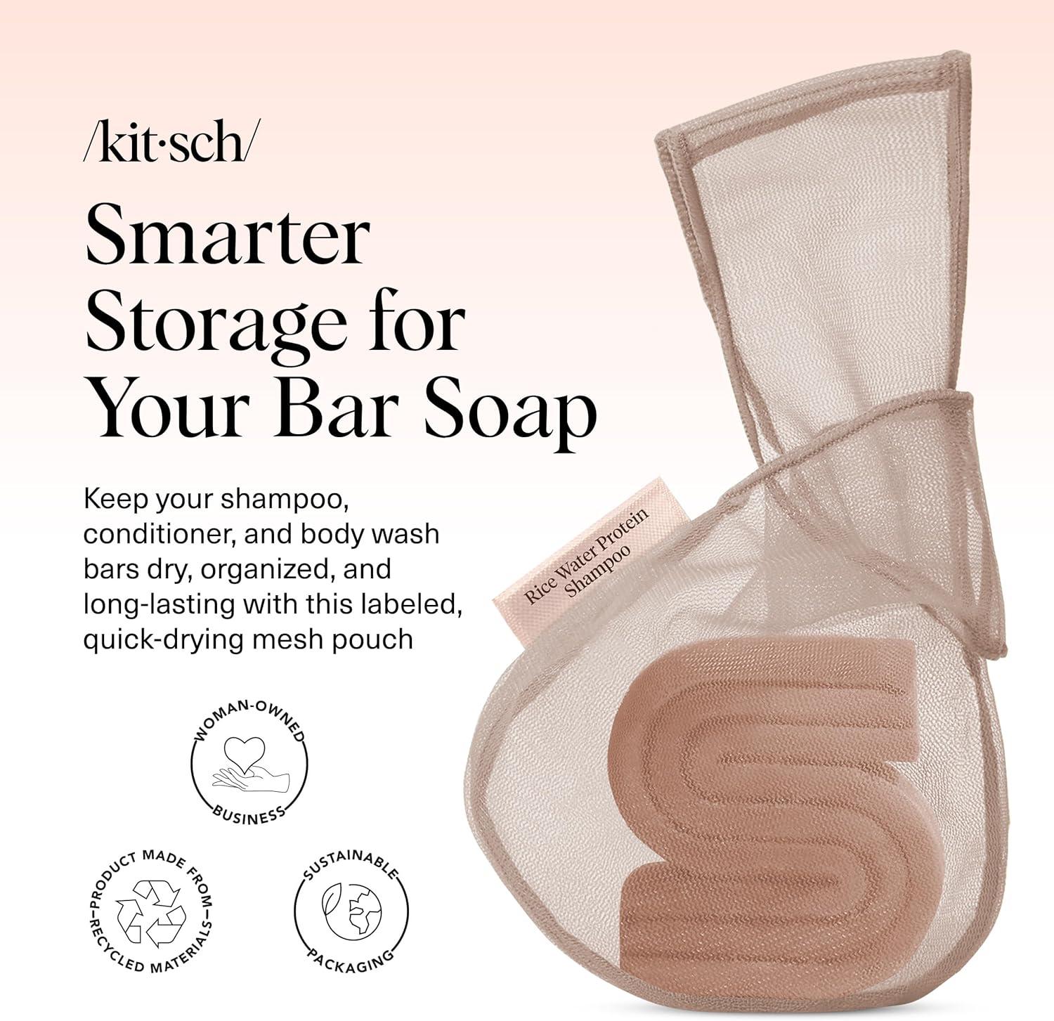 imageKitsch Bar Soap Saver Bag Patented Mesh Bag Soap Holder for Castor Oil Shampoo Bar with Tag Identifier Extends Use ampamp Prevents Soggy Mess Recycled Mesh Beauty Pouch EcoFriendlyRice Water Protein Shampoo Bar Bag