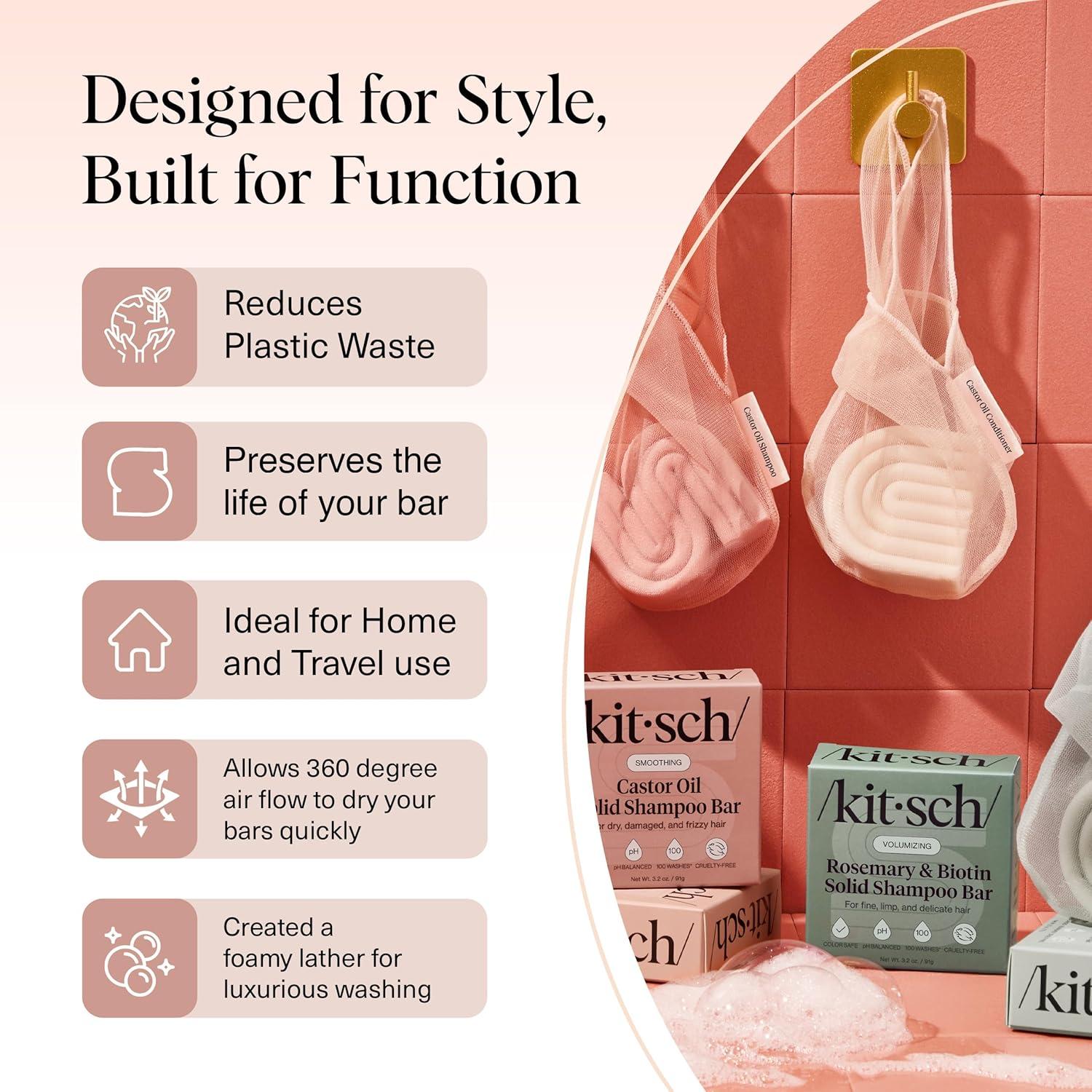 imageKitsch Bar Soap Saver Bag Patented Mesh Bag Soap Holder for Castor Oil Shampoo Bar with Tag Identifier Extends Use ampamp Prevents Soggy Mess Recycled Mesh Beauty Pouch EcoFriendlyCastor Oil Conditioner Bar Bag