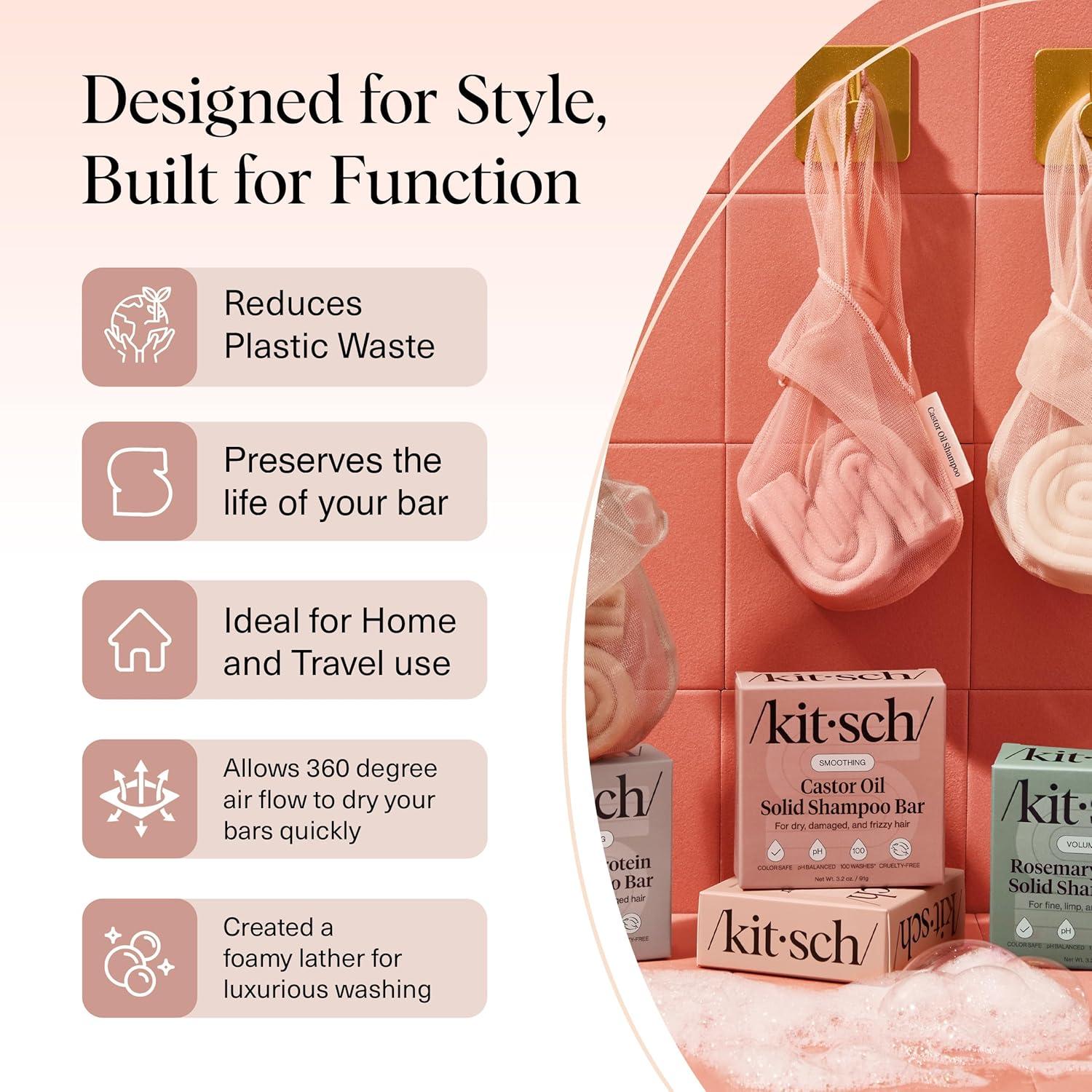 imageKitsch Bar Soap Saver Bag Patented Mesh Bag Soap Holder for Castor Oil Shampoo Bar with Tag Identifier Extends Use ampamp Prevents Soggy Mess Recycled Mesh Beauty Pouch EcoFriendlyCastor Oil Shampoo Bar Bag