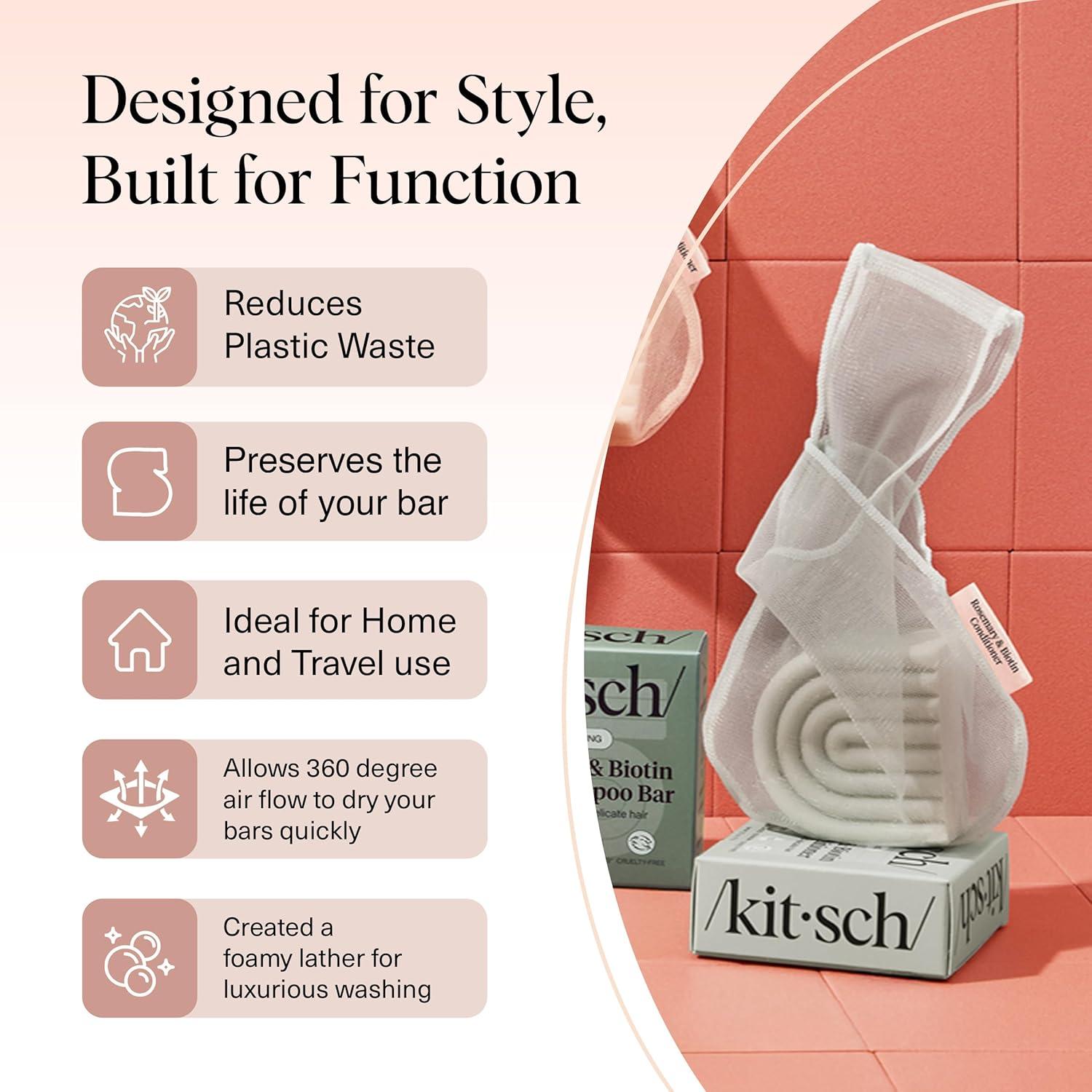 imageKitsch Bar Soap Saver Bag Patented Mesh Bag Soap Holder for Castor Oil Shampoo Bar with Tag Identifier Extends Use ampamp Prevents Soggy Mess Recycled Mesh Beauty Pouch EcoFriendlyRosemary Biotin Shampoo Bar Bag