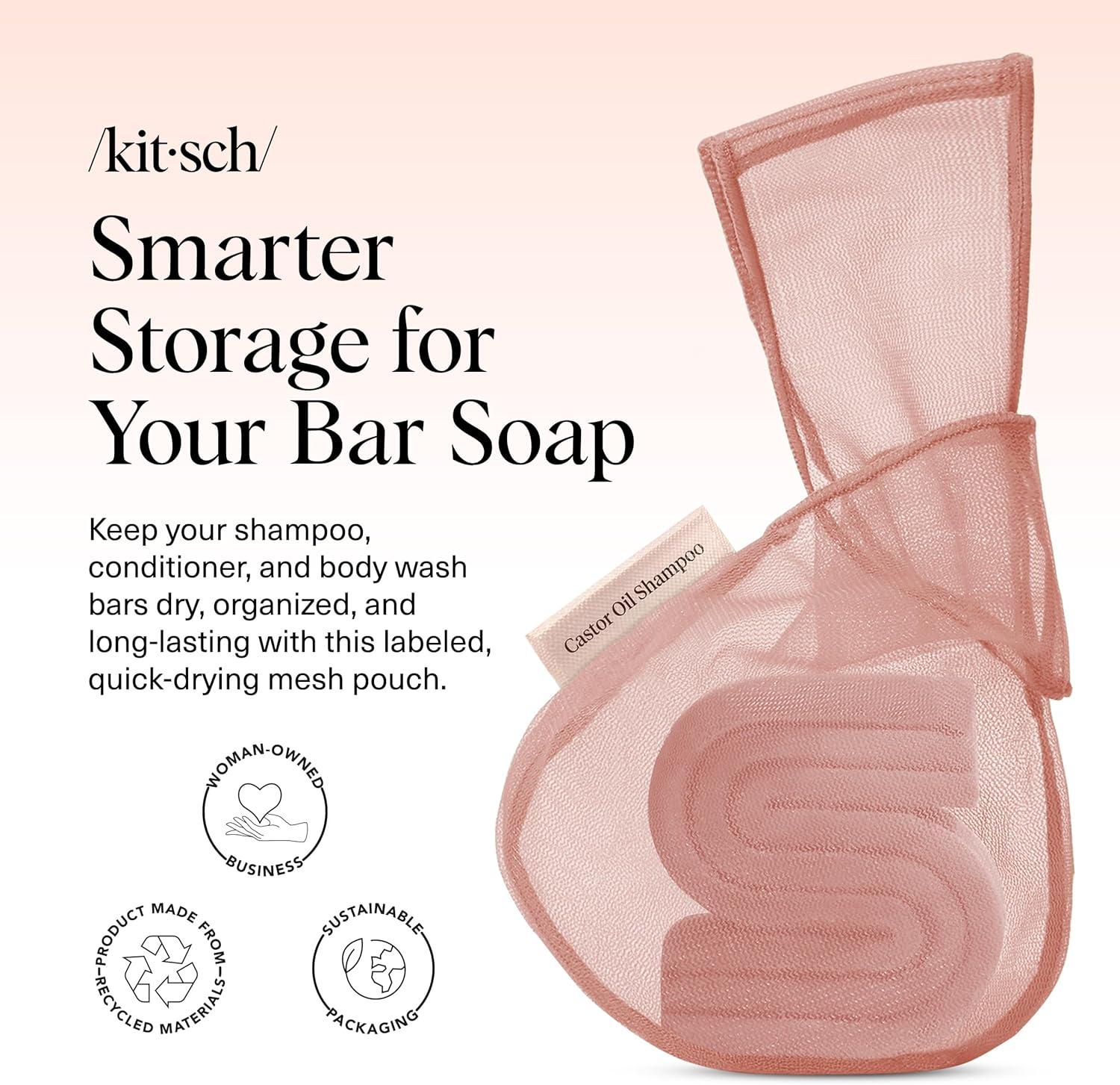 imageKitsch Bar Soap Saver Bag Patented Mesh Bag Soap Holder for Castor Oil Shampoo Bar with Tag Identifier Extends Use ampamp Prevents Soggy Mess Recycled Mesh Beauty Pouch EcoFriendlyCastor Oil Shampoo Bar Bag