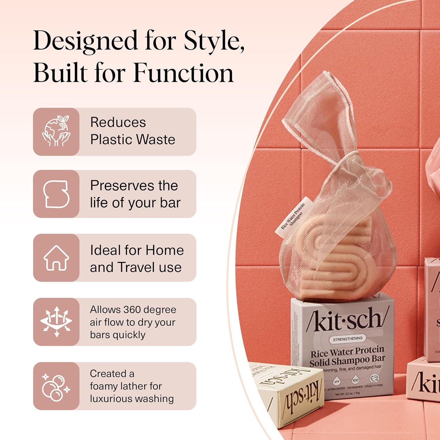 imageKitsch Bar Soap Saver Bag Patented Mesh Bag Soap Holder for Castor Oil Shampoo Bar with Tag Identifier Extends Use ampamp Prevents Soggy Mess Recycled Mesh Beauty Pouch EcoFriendlyRice Water Protein Shampoo Bar Bag