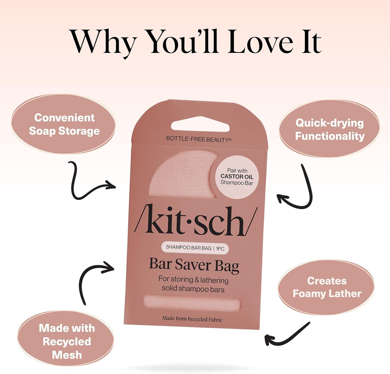 imageKitsch Bar Soap Saver Bag Patented Mesh Bag Soap Holder for Castor Oil Shampoo Bar with Tag Identifier Extends Use ampamp Prevents Soggy Mess Recycled Mesh Beauty Pouch EcoFriendlyCastor Oil Shampoo Bar Bag